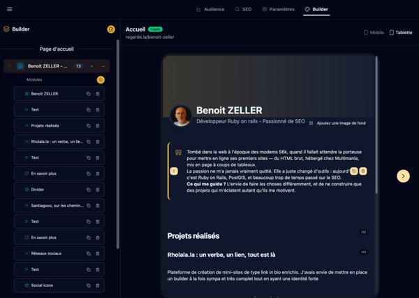 Le builder rholala.la : arbre des modules et aperçu en direct